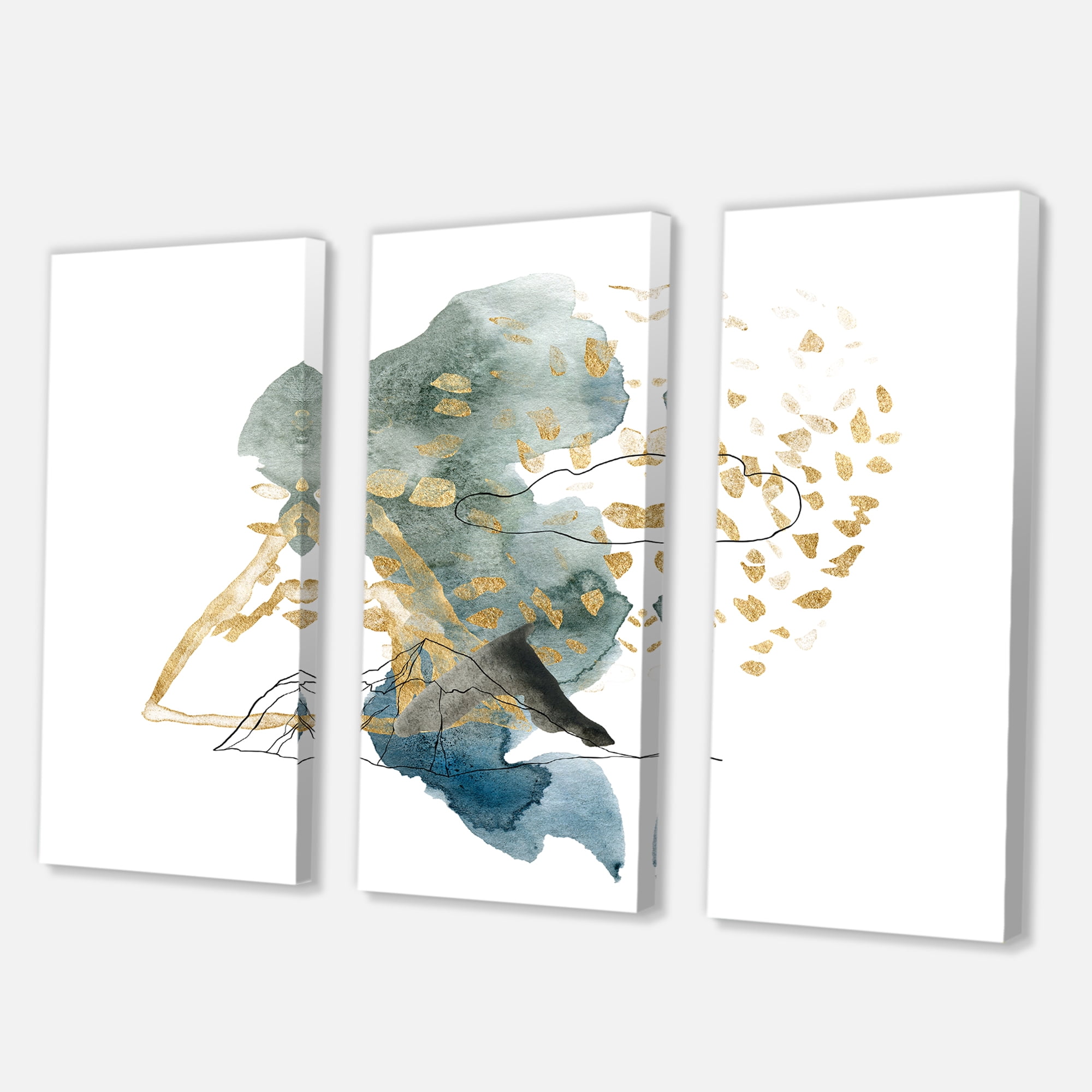 Gold Strokes and Landscape of Dark Blue Mountains I 28 in x 36 in Painting Canvas Art Print, by Designart