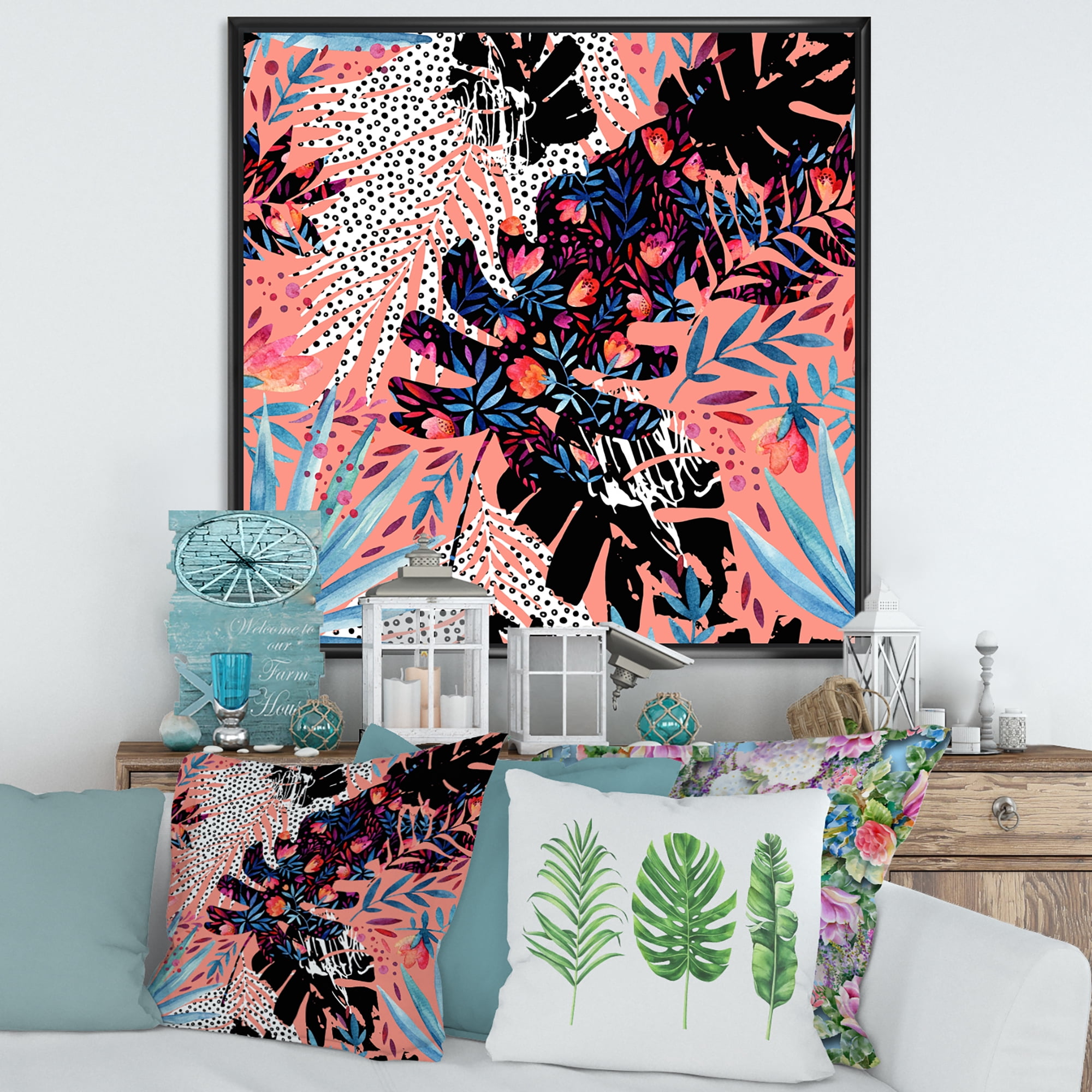 Designart 'Abstract Tropical Floral Patchwork II' Tropical Framed Canvas Wall Art Print