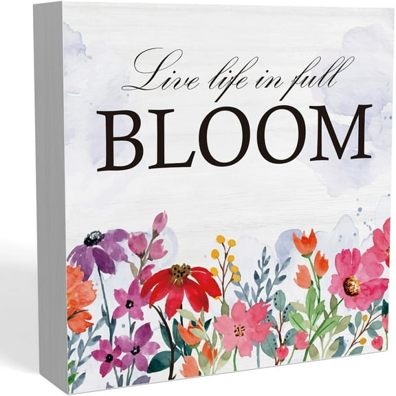 Wooden Box 5x5 Inch Rustic Spring Office Desk Decor - Cute Live Life In Full Bloom Spring Wood Sign - Farmhouse Spring Tiered Tray Decoration - Cubicle Shelf Bathroom Decor For Women