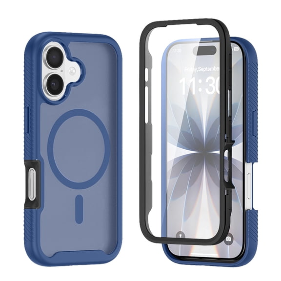 For iPhone 17 Case, 360° Rugged Protective Shell with Screen Protector, Heavy Duty Shockproof Case Matte Translucent Compatible with Magsafe, Blue