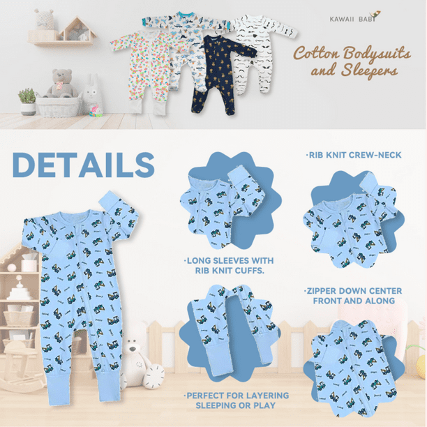 Kawaii Baby Cotton Bodysuit Sleeper Hand And Feet Cuffs 2 Way Zipper Sleep And Play Romper Girl 3 6 Months Pack Of 5 Other