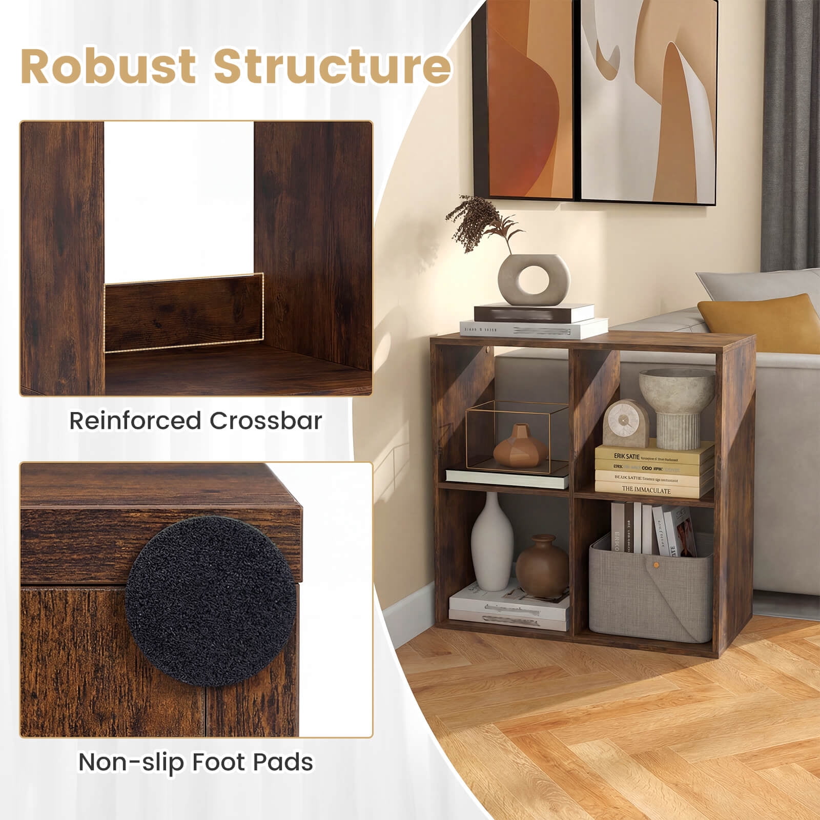 Costway 4-Cube Bookshelf, Modern Cubby Bookcase with Back Guardrail & Anti-tipping Kits Brown