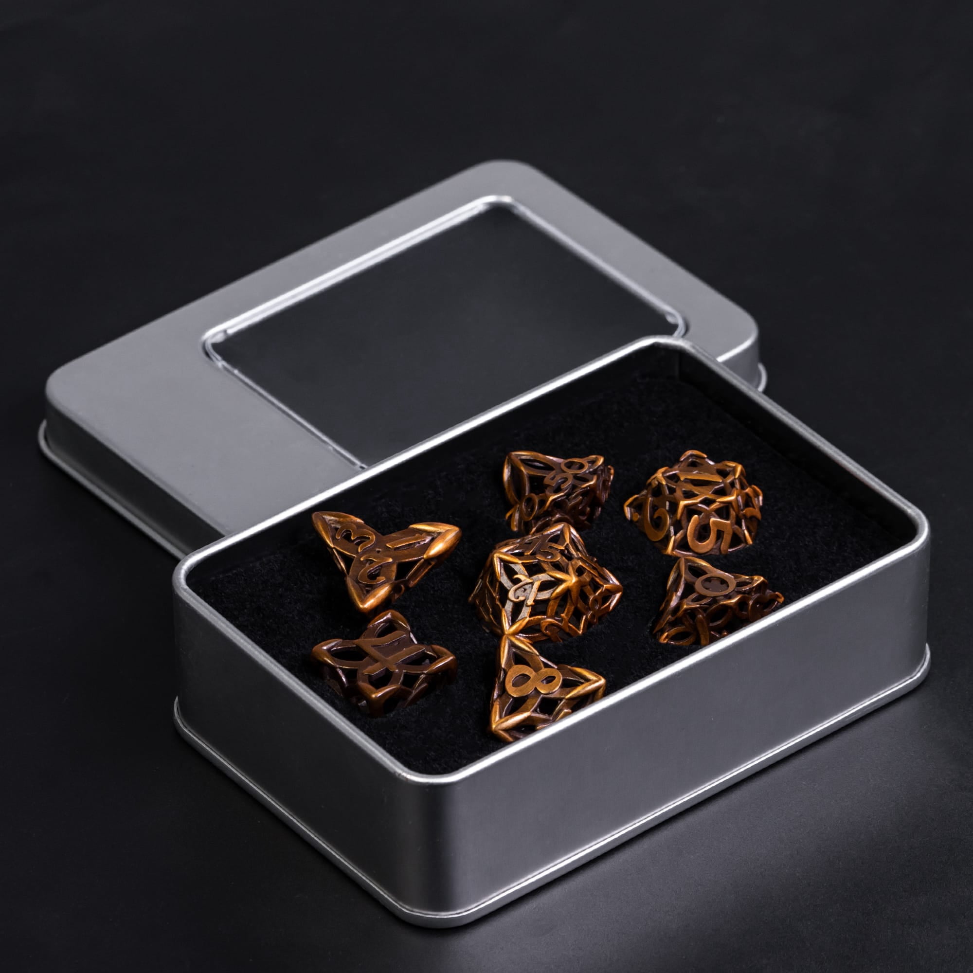 Cusdie Hollow Metal Dice, Celtic Knot D&D Dice, 7 Pcs Metal Dice Set, Polyhedral Dice Set, for Role Playing Game MTG Pathfinder
