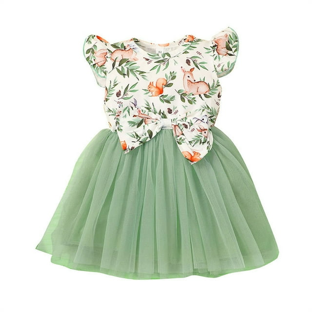 Robe Ligne A à Manches Volantes pour Filles Tout-Petits Imprimée Mode Nœud Tulle Tutu pour 1-20 Ans