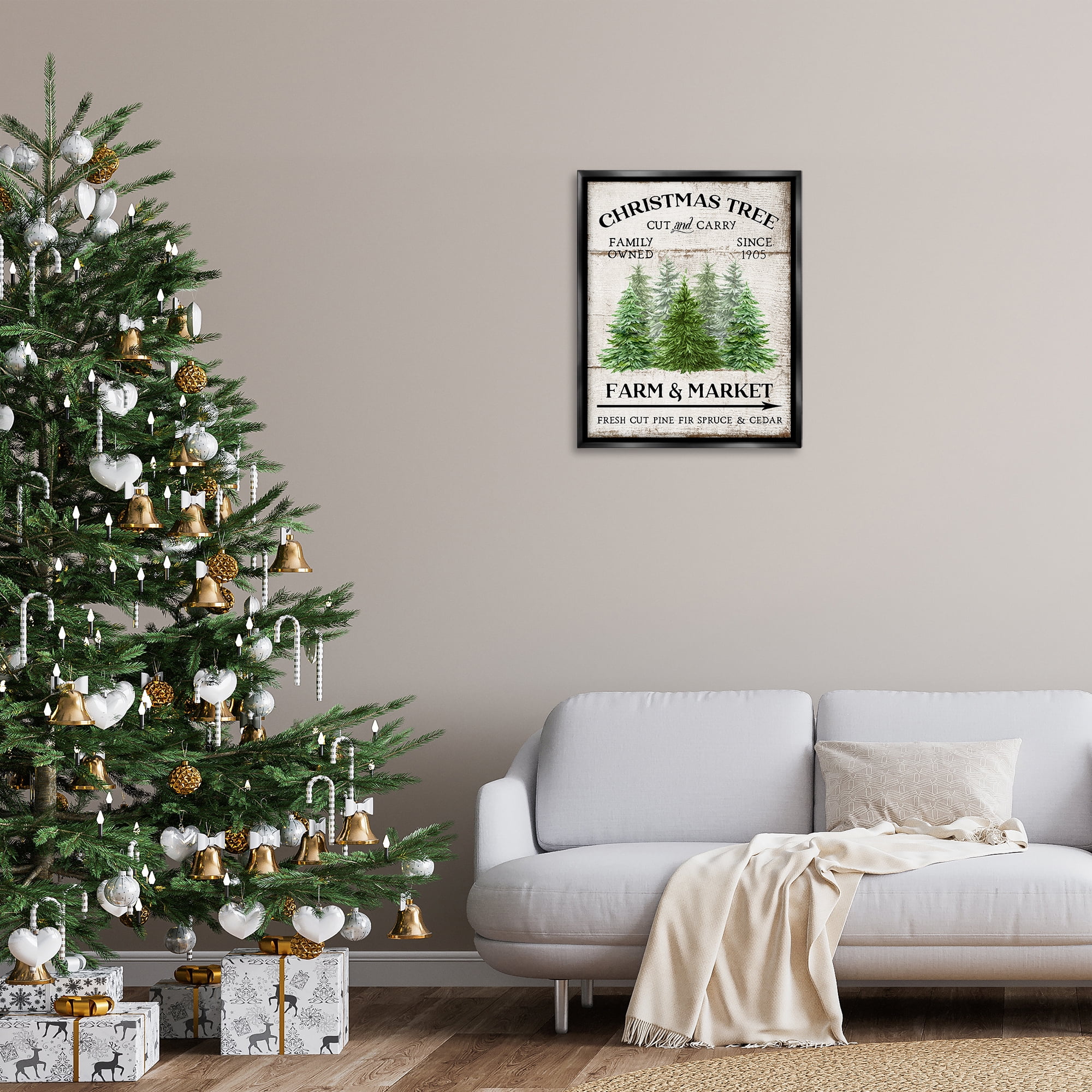 Stupell Industries Farm Market Christmas Trees Holiday Painting Black Floater Framed Canvas Art Prints Wall Art, 25 x 31
