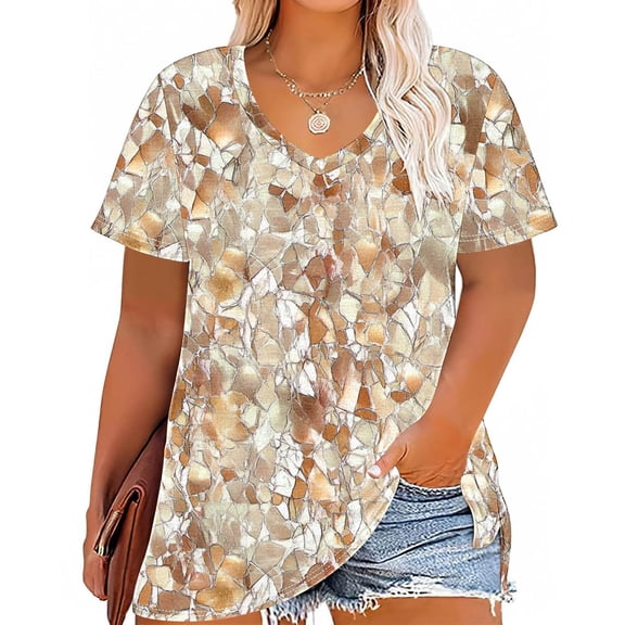CLOISE Cute Short Sleeve Tops for Women Plus Size Shirts Tunic V Neck Casual Pullover Print Summer Blouses Yellow