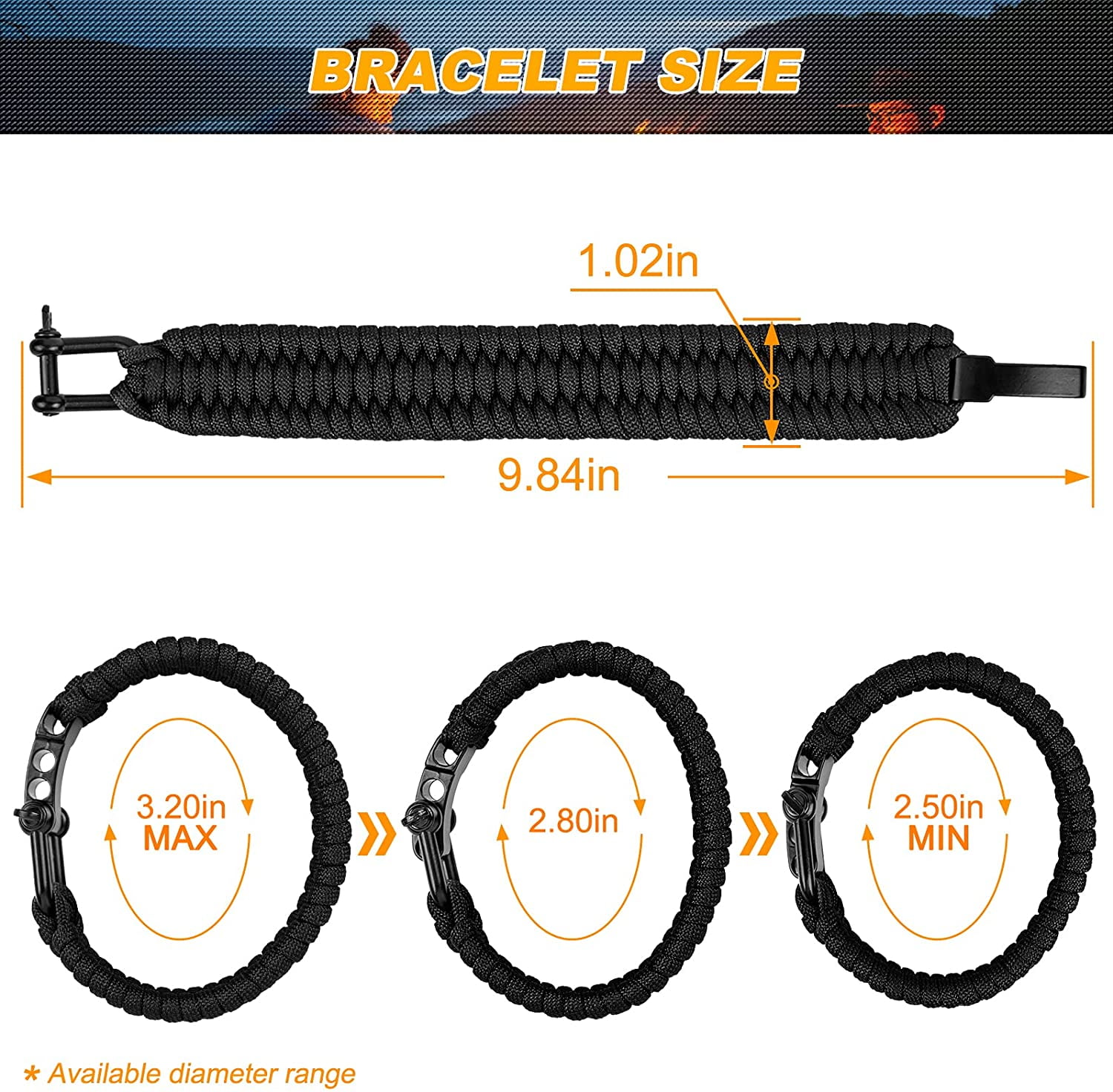 Survival Bracelet,Tactical Paracord Bracelet with Forged Stainless Steel  U-Type Shackle Connection Three-Holes Adjustable,Bearable 550 lb  Disassembled Parachute Rope for Emergency 