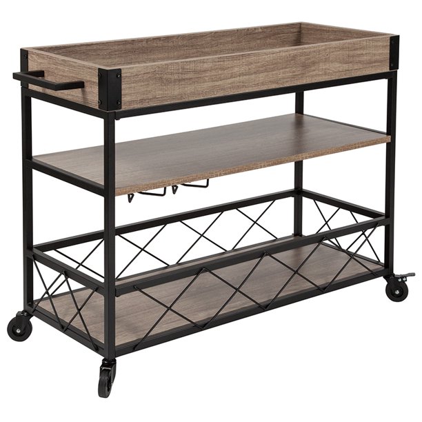 Light Oak Wood Kitchen Bar Cart, Stemware Rack and Locking Casters