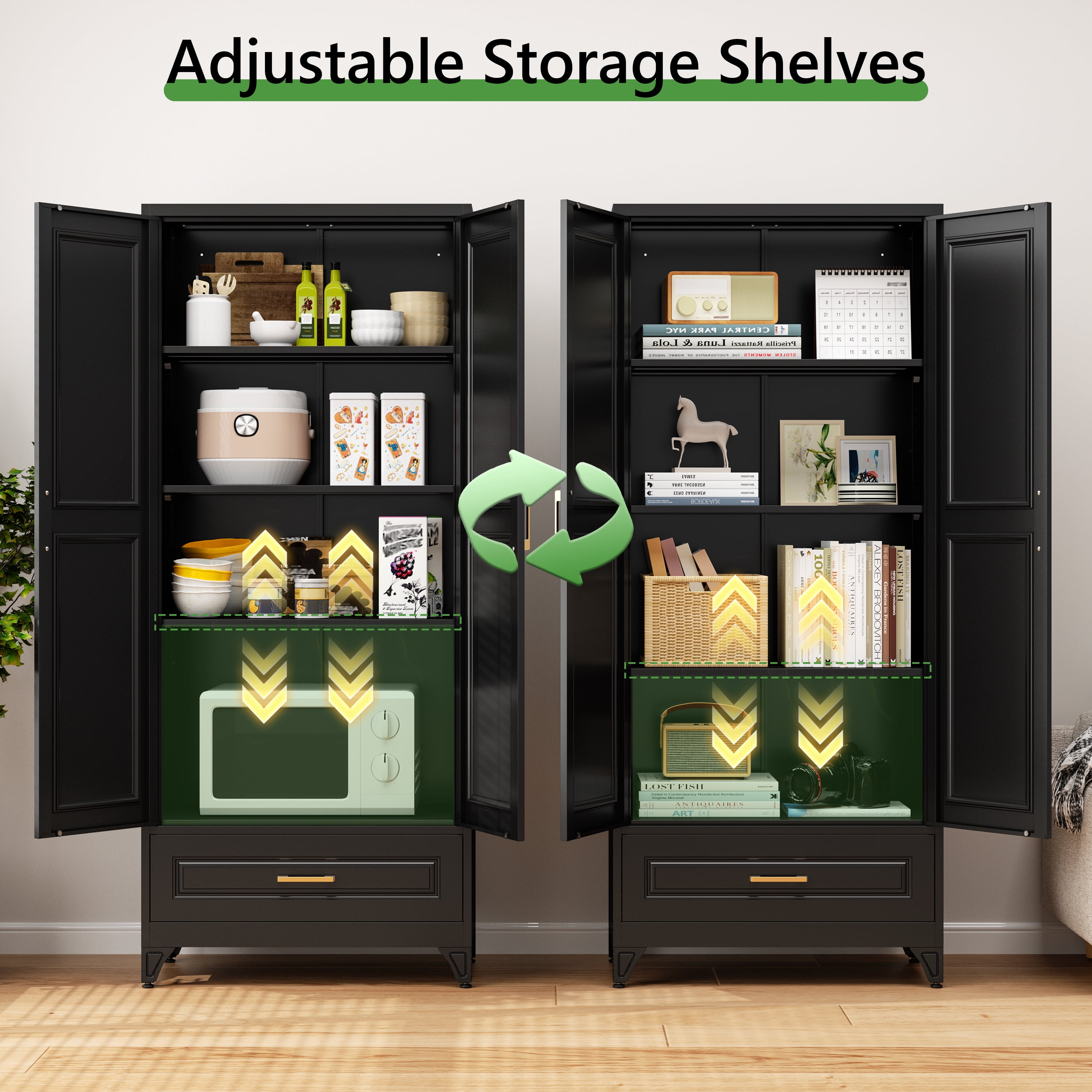 Polup 75"H Kitchen Pantry Cabinet, Metal Pantry Cabinet with Drawer, Storage Cabinets with Adjustable Shelves, Black Food Cupboards, Adult