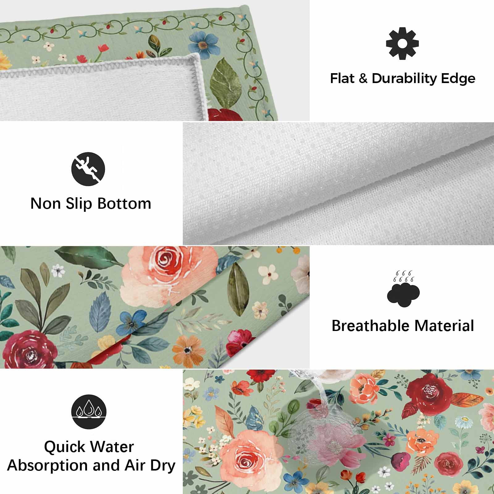 Sage Green Floral Outdoor Rug 3x5 Ft, Non Slip Washable Area Rug, Spring Flowers Leaves Farmhouse Patio Rugs Carpet Runner, Large Floor Mat for Indoor/Outdoor Deck Porch Camping