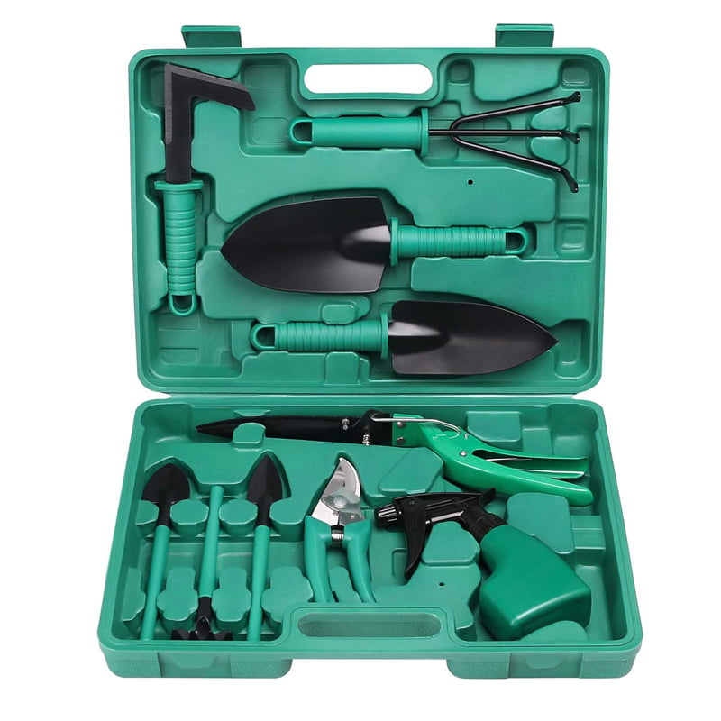 10pcs Garden Tools Set Gardening Kit Weeder Rake Shovel Trowel Sprayer w/ Case 
