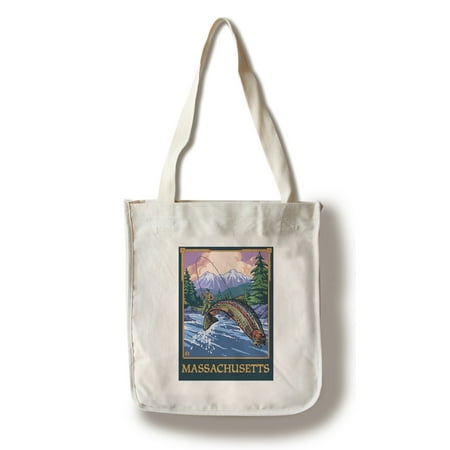 Massachusetts - Angler Fly Fishing Scene (Leaping Trout) - LP Original Poster (100% Cotton Tote Bag -