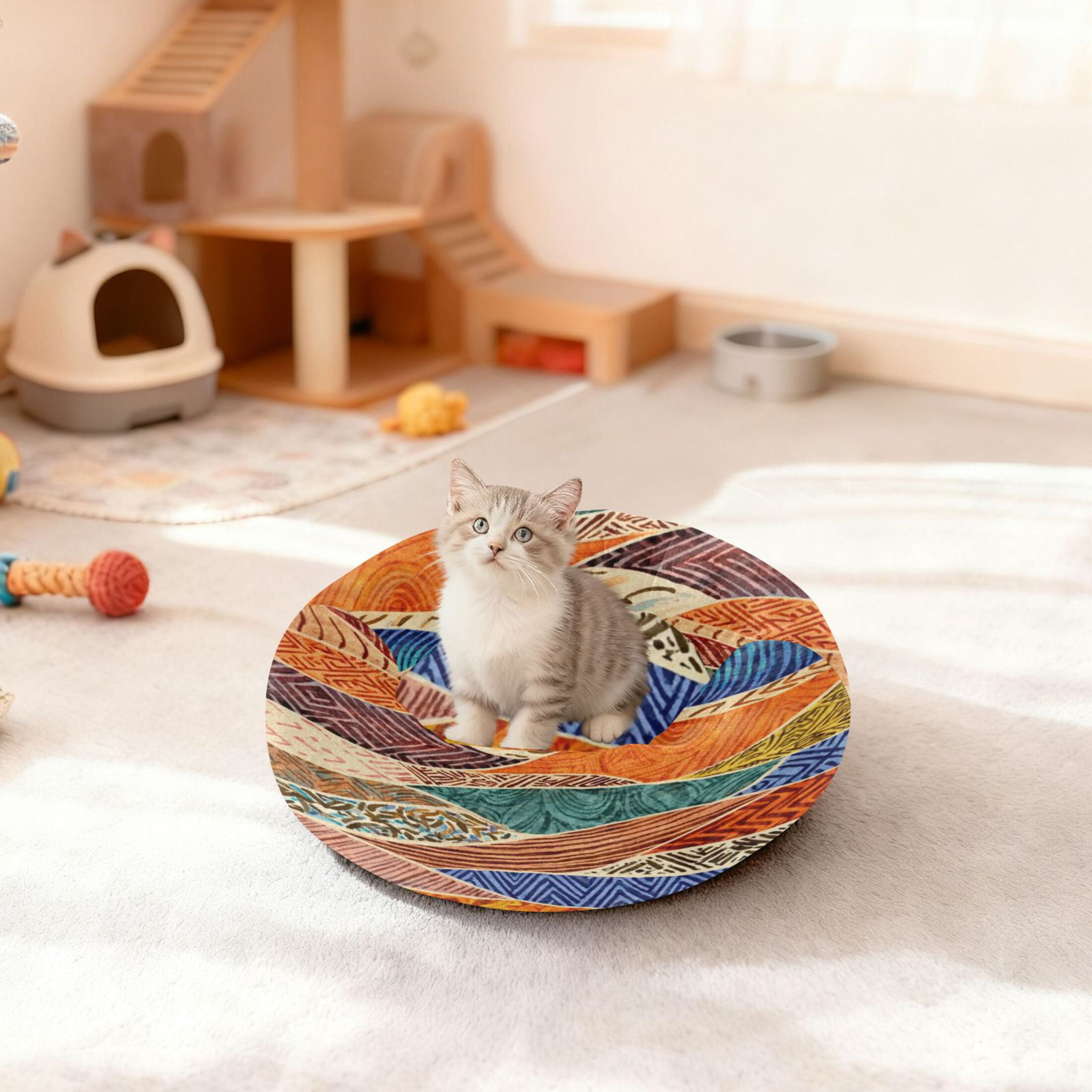 Iauyy Pet Couch Donut Cat Bed for Indoor Cats/Small Dogs Washable & Machine with Non-slip Bottom Calming Cat Furniture, Patterns Of The Multicolored Tribe (M)
