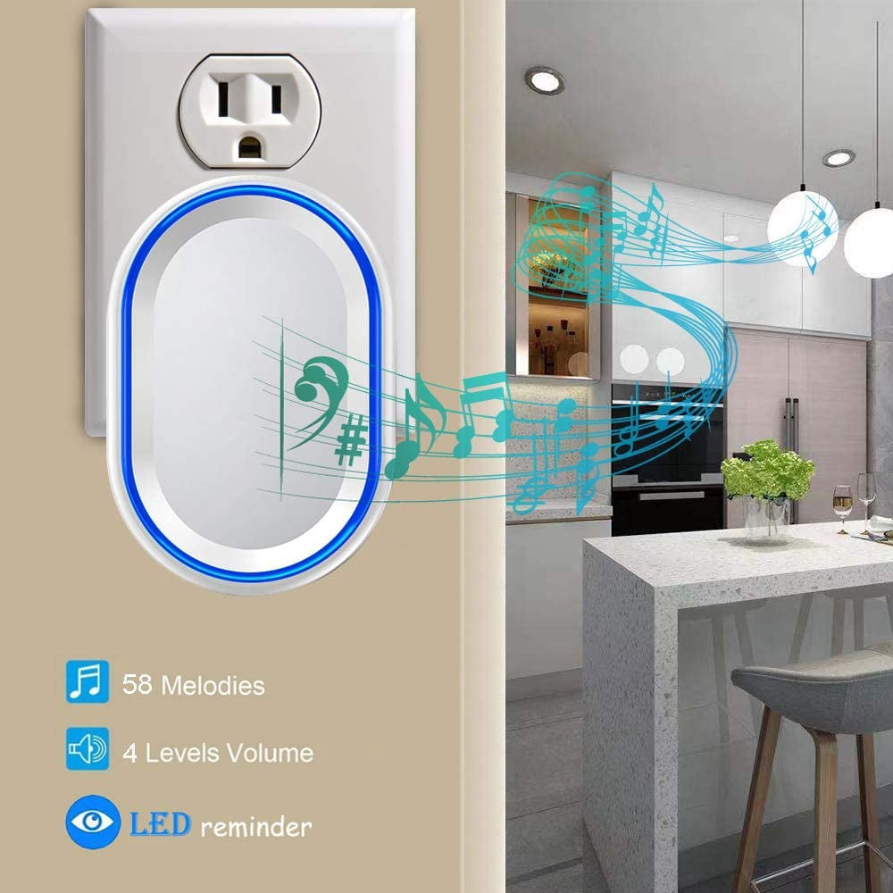Wireless Doorbell, Waterproof Door bell Chime Operating at Over 1000 Feet with 4 Volume Levels, 58 Melodies (White)
