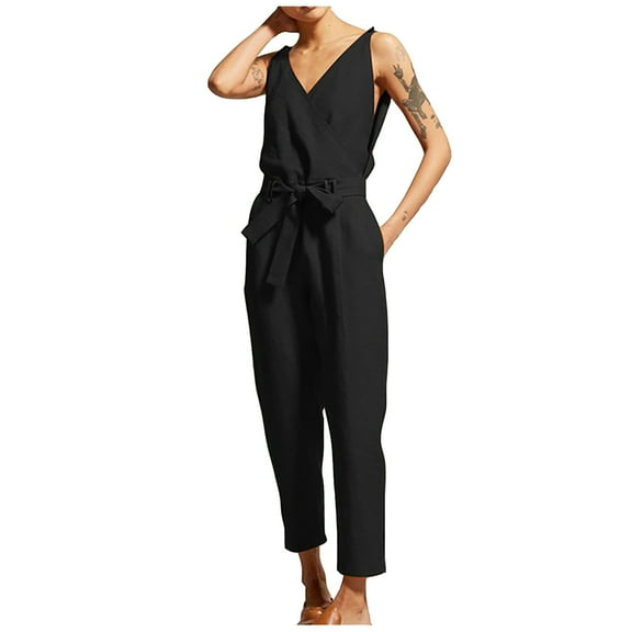 asdoklhq Womens Plus Capris,Ladies Summer Casual Solid V-neck Lace Up Cotton Rompers Jumpsuit