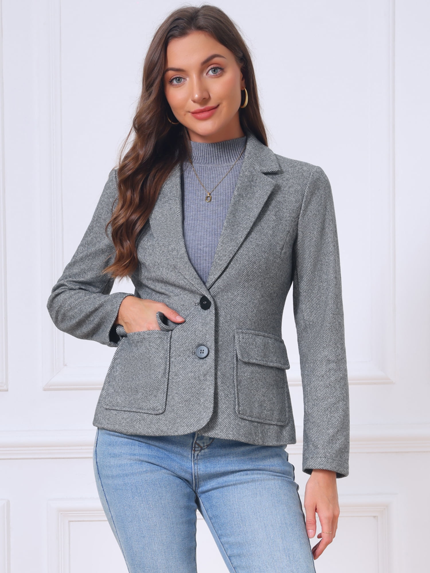 DARING DIVA Women's Blazer Herringbone Tweed Long Sleeve Blazers XL Grey