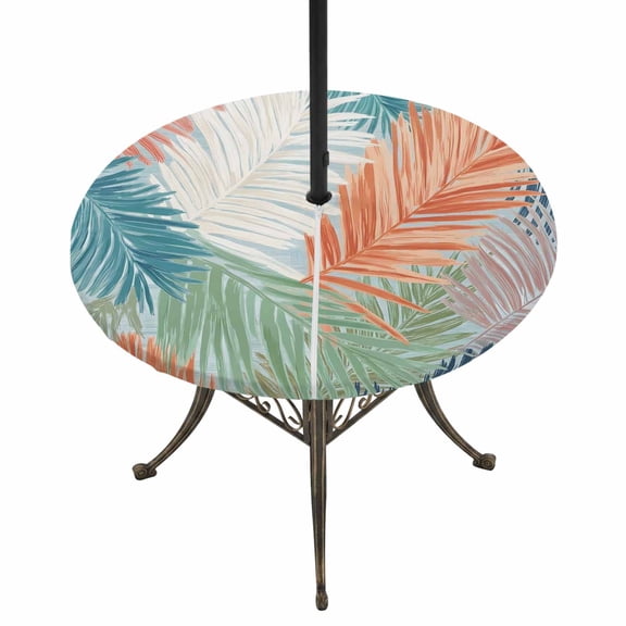 Round Outdoor Tablecloth with Umbrella Hole and Zipper, Orange Green Blue Palm Leaves Tablecloth with Elastic Waterproof, Summer Tropical Botanical Patio Table Covers for 36" - 44" Pool Tables