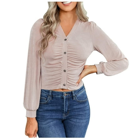

Bospose Long Sleeve Crop Top Women V-Neck Shirt Corset Top Pink Top Women S Fashion Summer re Solid Tops Lady Casual Solid Color Top S