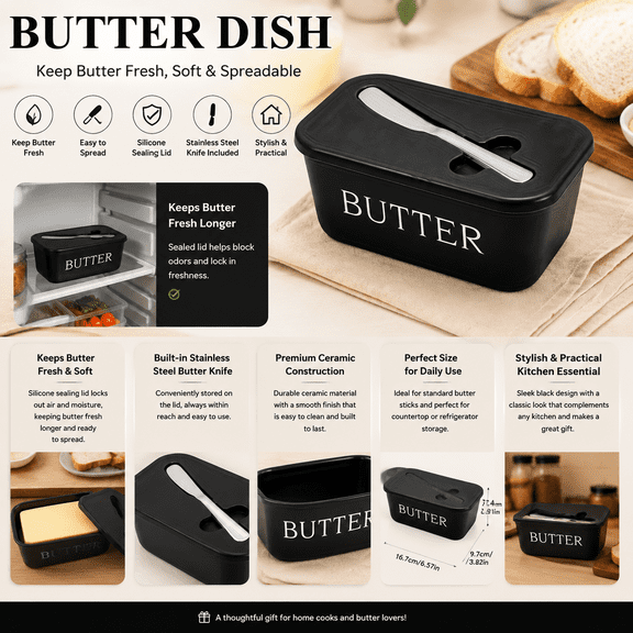 Elegant Black Butter Dish with Lid & Stainless Steel Spreader, BPA-Free Airtight Butter Storage Container, Durable Butter Keeper for Countertop, Fridge & Dining Table