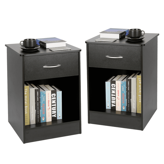 TUSY Nightstand, Bedside Table with drawer, Wood Accent Table, Easy Assembly, Modern Design for Bedroom, Living Room, Black(2pcs)