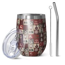 12oz Stemless Wine Tumblers Red Christmas Collage Pattern Vacuum Insulated Stainless Steel Travel Tumbler Cups Mug with Lid and Straw for Champaign,Cocktail,Beer with Cleaning Brush