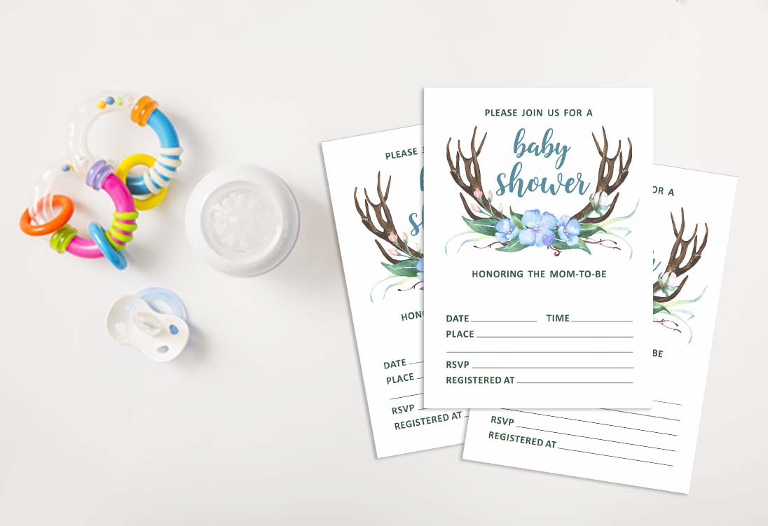 Inkdotpot 30Antler (Boy) Jungle Animals Baby Shower Invitation Cards Fill In Blank Invites