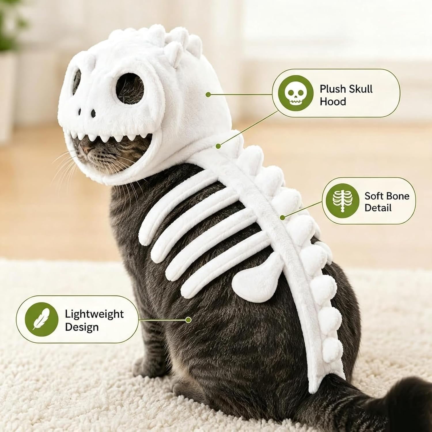Cat Dinosaur Costume, Catsaur Costume, Dinosaur Costume for Dogs, Soft Plush T Rex Halloween Outfit, 3D Skeleton Design Glow in the Dark, Realistic Dinosaur Skeleton Costume for Pet