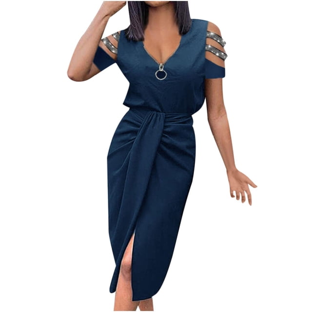Cameland Women's Solid Color V Neck off The Shoulder Short Sleeve Slit Dress