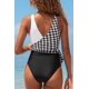 thumbnail image 3 of Traje de baño cruzado de una pieza para mujer Traje de baño con lazo lateral y bloques de color (Black White Grid L), 3 of 5