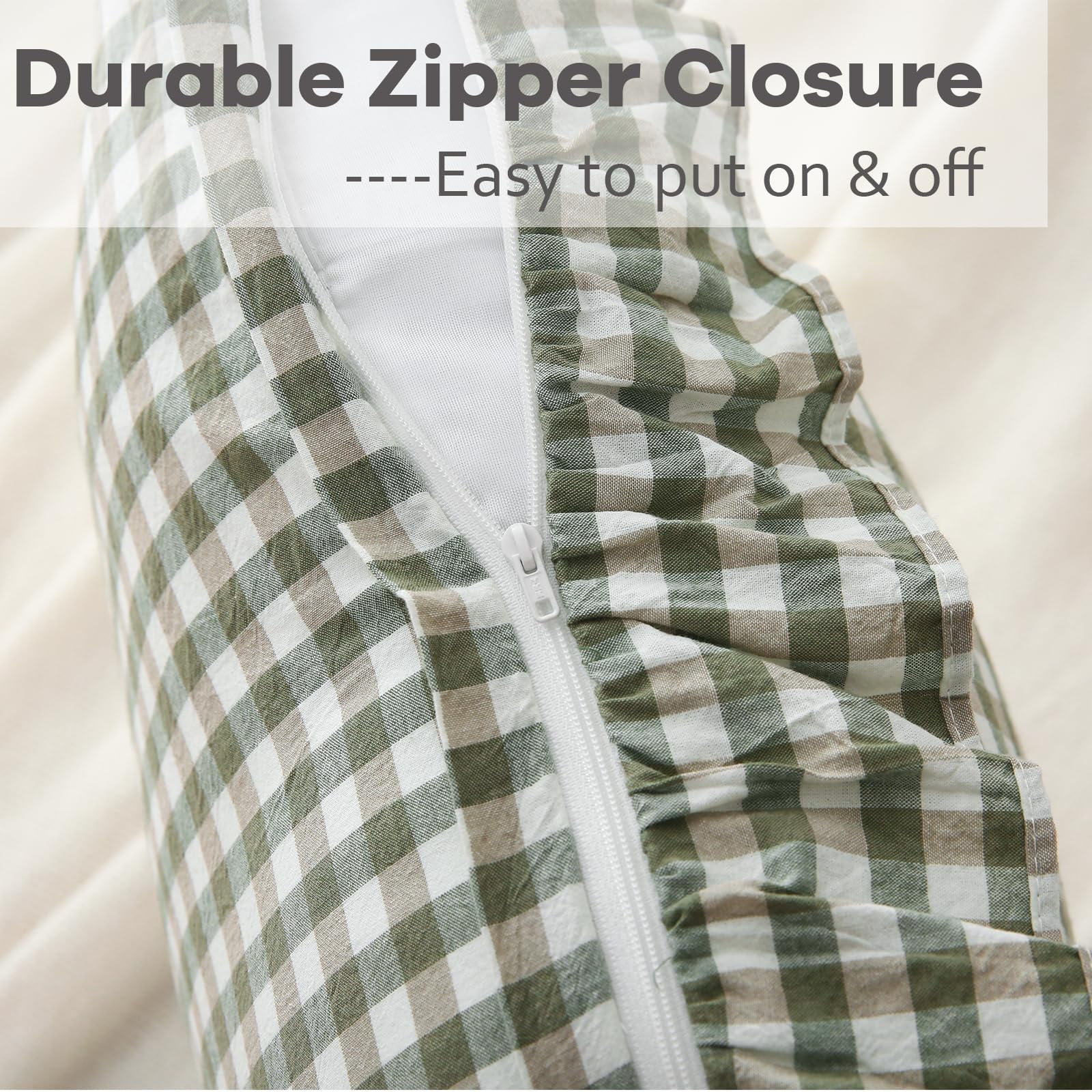 2 Pack Sage Green Plaid Ruffle Gingham Throw Pillow Covers, 100% Washed Cotton Checkered Farmhouse Decorative Pillow Shams for Bed/Sofa - 18''x18''