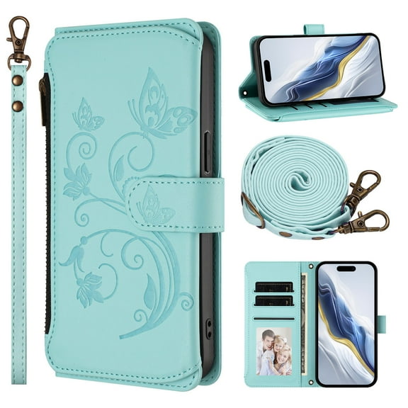 Case for iPhone 14, PU Leather TPU, with Crossbody Strap Wrist Strap, Zipper Pocket Card Slots and Cash Pocket Magnetic Clasp Kickstand Embossed Women Girls Wallet Case, Green