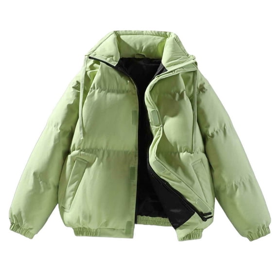 Sexlip Women's Winter Cropped Puffer Jacket Long Sleeve Oversized Stand Collar Zip-Up Lightweight Loose Fit Coat Green XXL