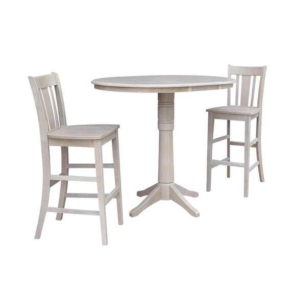 36" Round Bar Height Table with 12" Leaf and 2 San Remo Stools - Washed Gray Taupe - 3 Piece Set