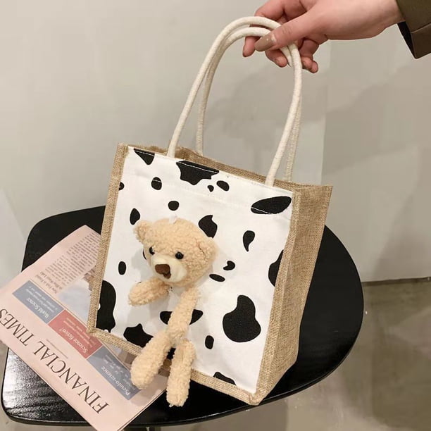 Portable Canvas Tote Bag Women Girls Multi Purpose Cute Bear Handbag for Outdoor Activity Picnic White #1