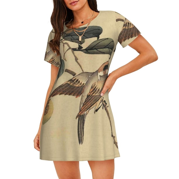 Fotbe Vintage Bird Bata de Dormir para Mujer con Estampado, Camisón de Algodón de Manga Corta, Ropa de Dormir Casual