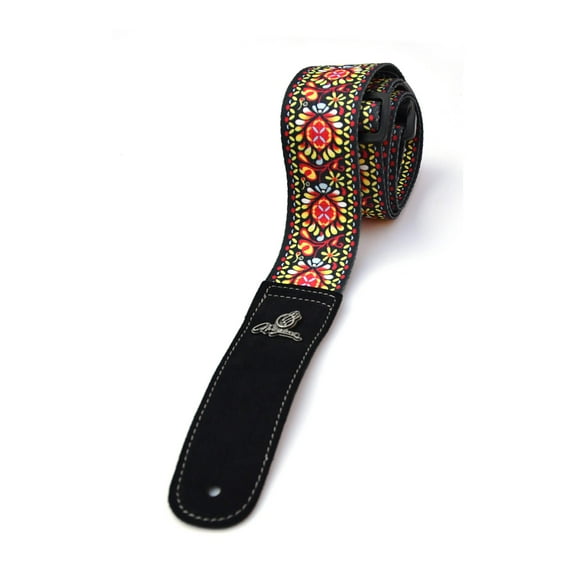 Magma Leathers 2" Soft-hand Polyester Guitar Strap Sublimation-Printed with Red Woodstock Design, Genuine Leather Ends (07MS01RW.)
