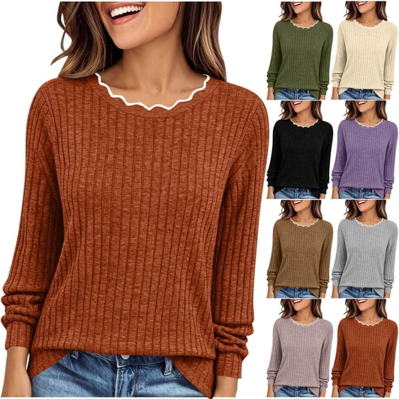 Bxsruta Womens Sweaters Scalloped Neck Long Sleeve Ribbed Knit Pullover Casual Tops