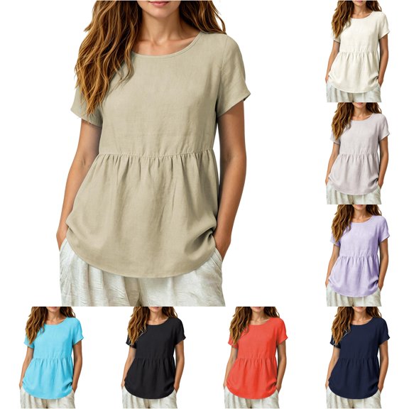 RUTAYY Women's T-Shirts Loose Solid Color Crew Neck Short Sleeve Pleated Tees Comfortable Breathable Chic Holiday Tops