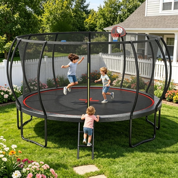 LuckyNote 16FT Pumpkin Trampoline with Basketball Hoop & Ladder, Black Red, Heavy Duty Outdoor Backyard for Kids Adults
