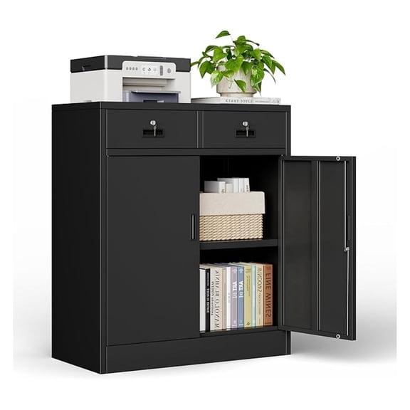 Metal Storage Cabinet, Locking Cabinet with Adjustable Shelf and 2 Drawers, Metal Cabinets for Office, Home, Garage 36" H x 32" W x 16" D (Black)