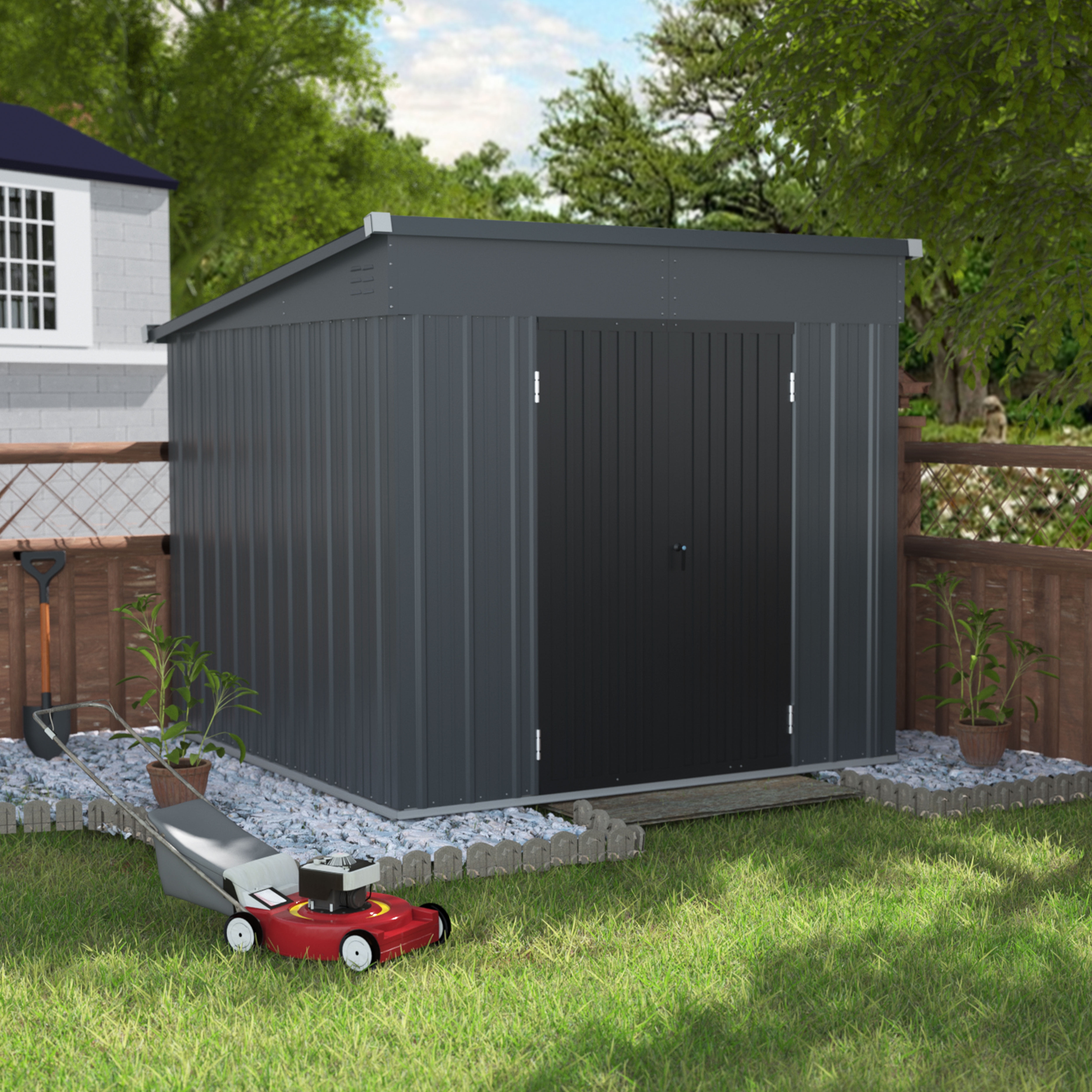 VEIKOUS 8' x 7' Outdoor Storage Shed, Heavy Duty Galvanized Steel Tool Shed w/ Lockable Doors and Vents