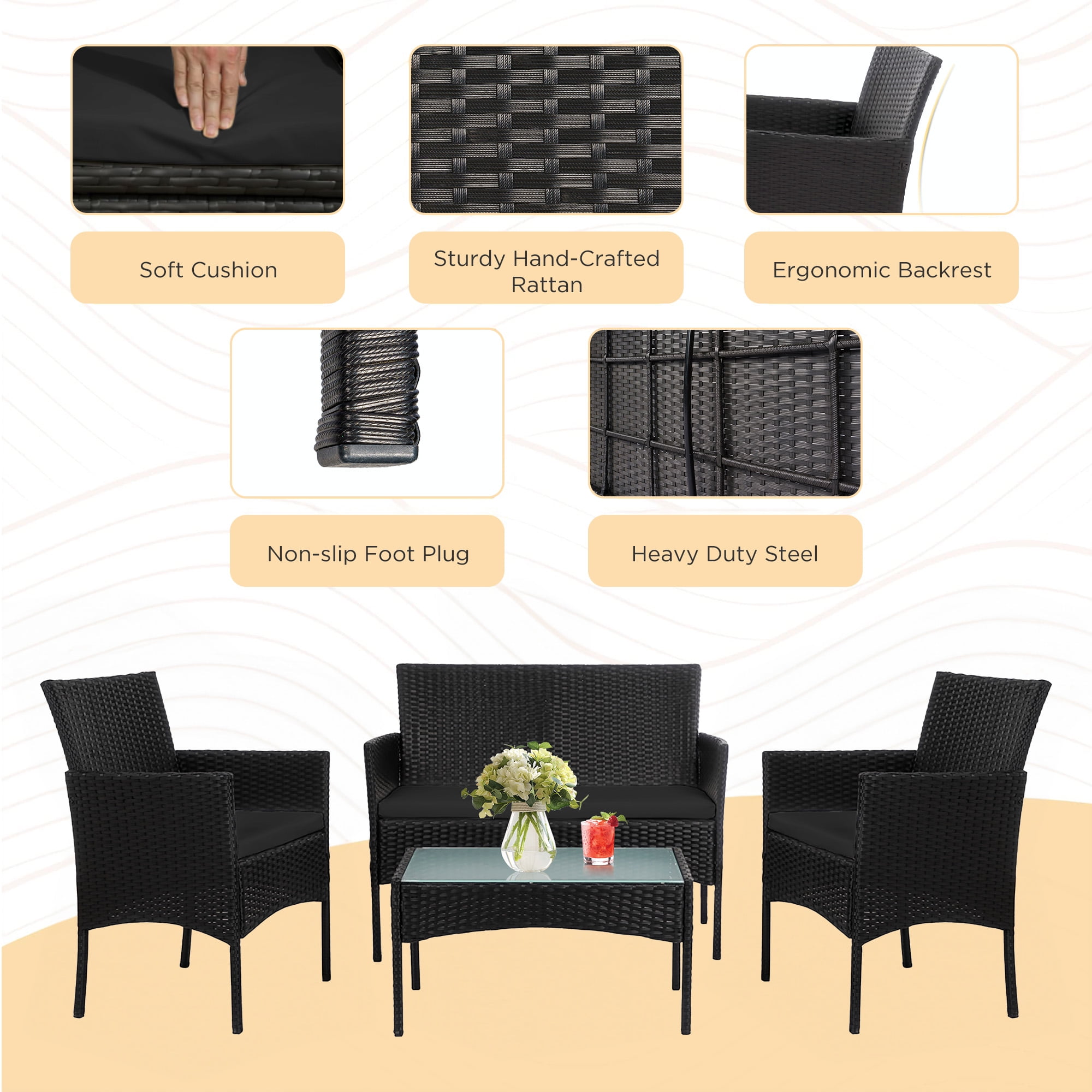 Tappio 4 Piece Patio Conversation Wicker Furniture Set, Porch Furniture Outdoor Sectional Furniture Set w/Side Table & Cushions, Wicker Sofa Garden Conversation Set for Yard Pool Backyard,Black/Black