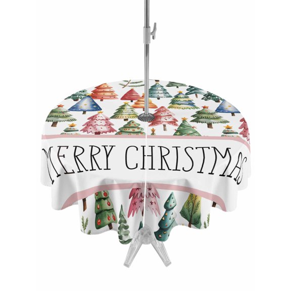 Outdoor Tablecloth with Umbrella Hole and Zipper, Christmas Pine Round Table Cloth 54 Inch Waterproof Tablecloth, Winter Watercolor Xmas Trees Plant Picnic Table Cover for Patio Camping