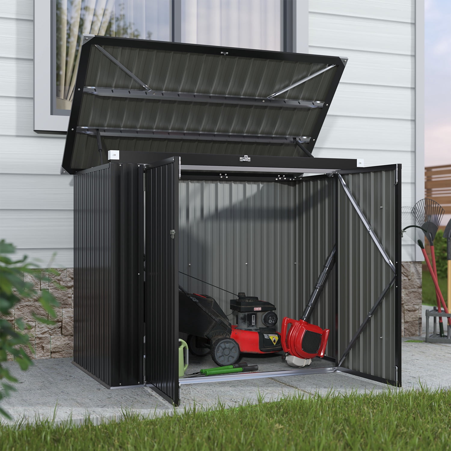 Clouddwell 3 x 5 FT Trash Can Storage 79 Cu Ft, Storage Shed Outdoor Metal Garbage Can Shed with Lockable Doors and Easy Lift Hinges, Black