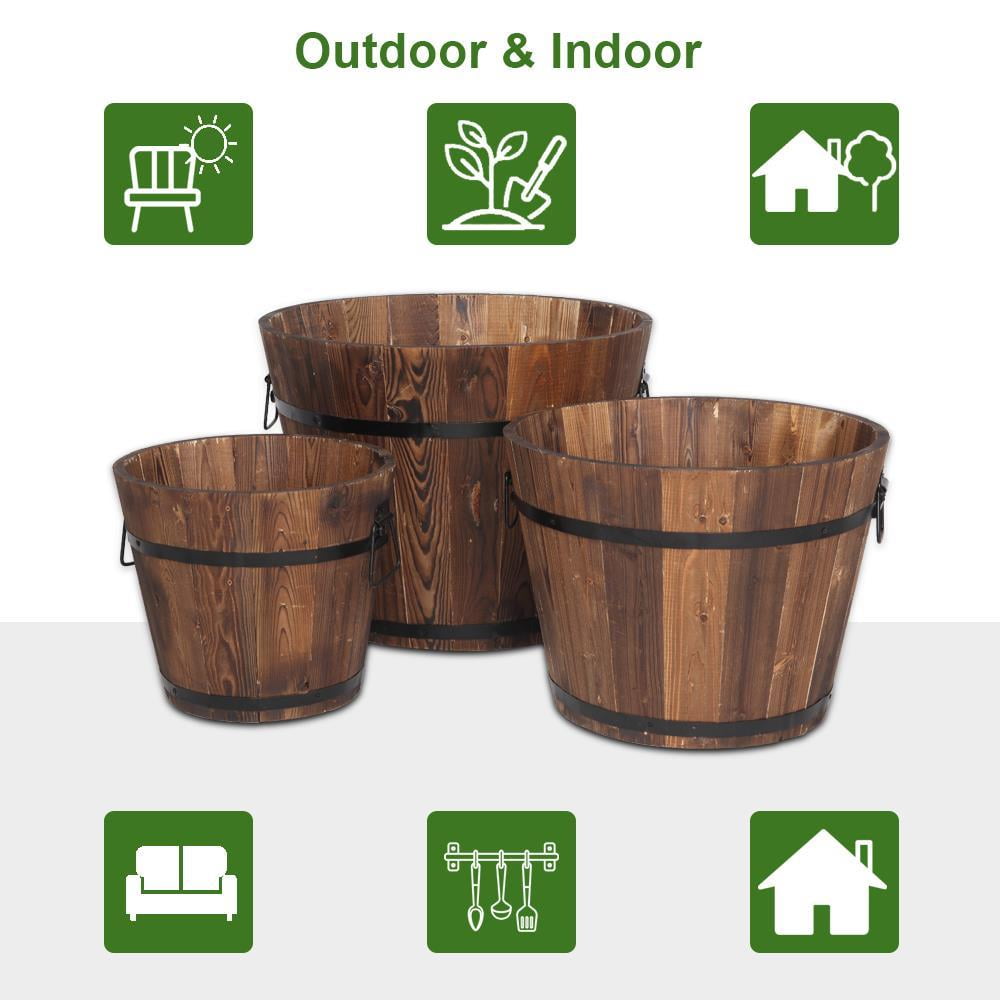 GoDecor Wooden Bucket Barrel Planters Flower Pots, Carbonized Color