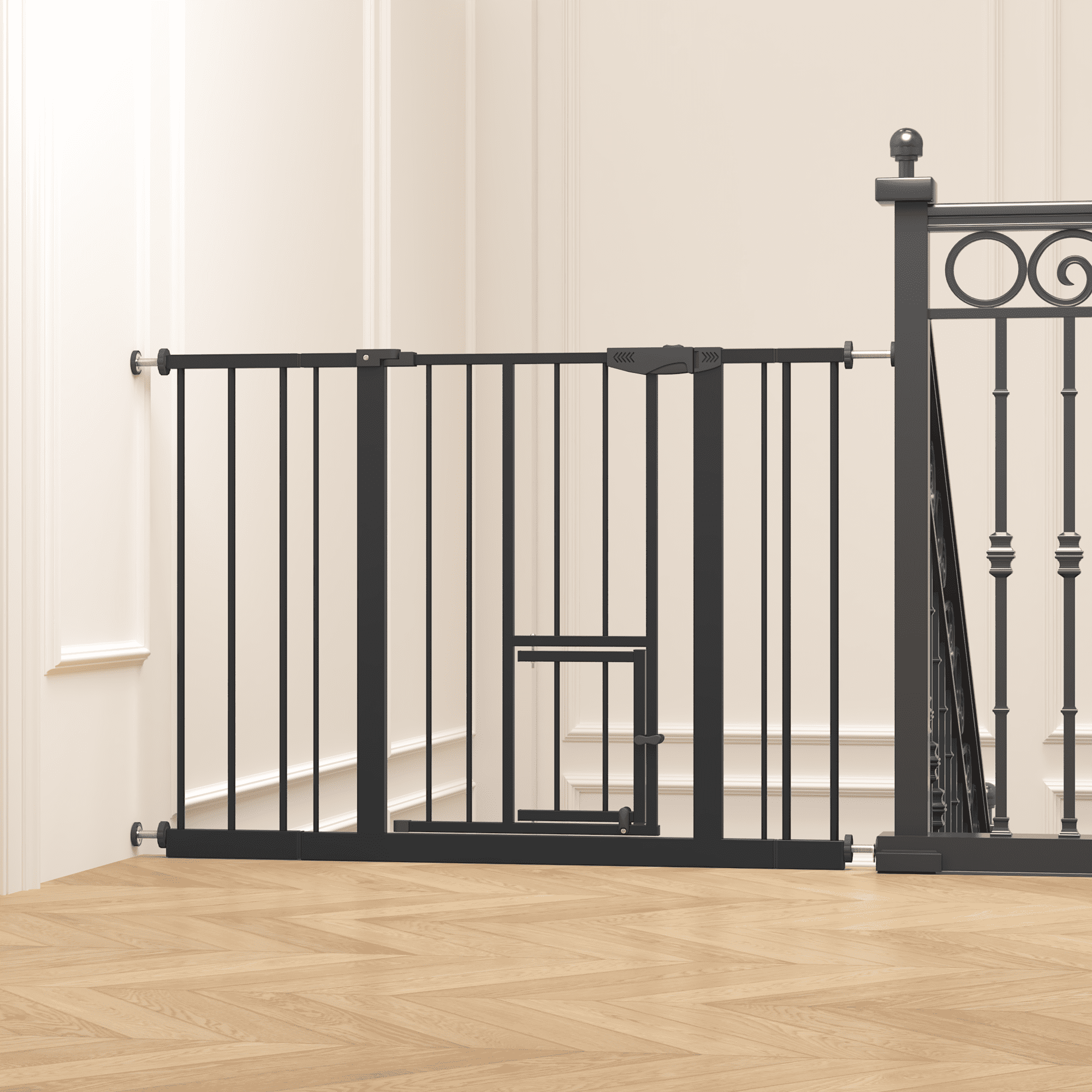 Black Pressure Mounted Baby Gate with Built-in Small Cat Door, 29.5"-44.1" Wide No Drill Metal Safety Gate for Stairs Doorways Kids & Pets