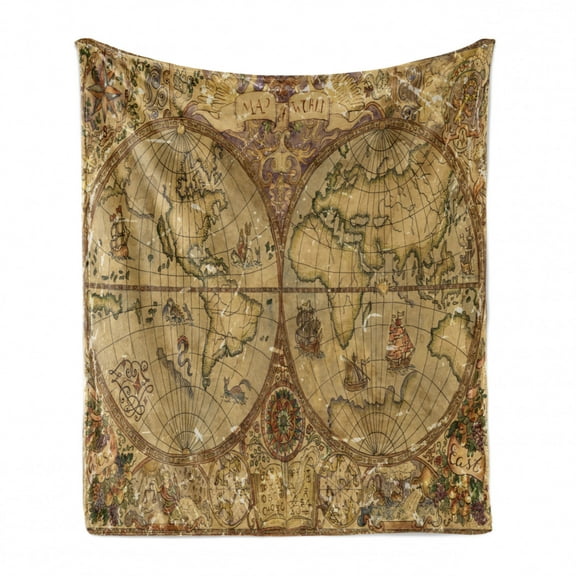 Vintage Soft Flannel Fleece Throw Blanket, Pirate Adventures Style Old World Map Medieval Cartography with Mystic , Cozy Plush for Indoor and Outdoor Use, 70" x 90", Tan and Caramel, by Ambesonne