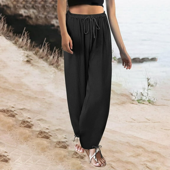 OSFVNOXV Pajama Pants for Women Elastic Waist Cotton Linen Lounge Pants Solid Color Full Length Joggers with Drawstring Pockets