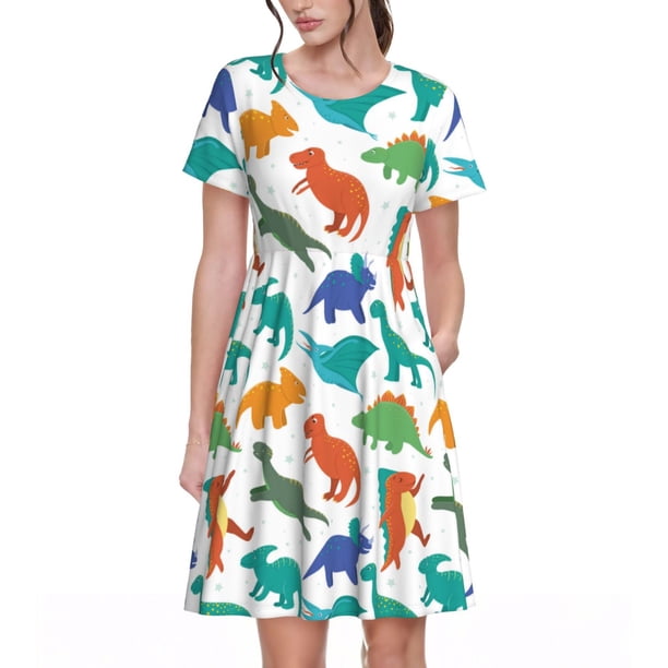 Balery Colorful Dinosaur Vestidos sueltos de manga corta para mujer, vestidos de verano 2025, vestidos casuales de corte A con vuelo.