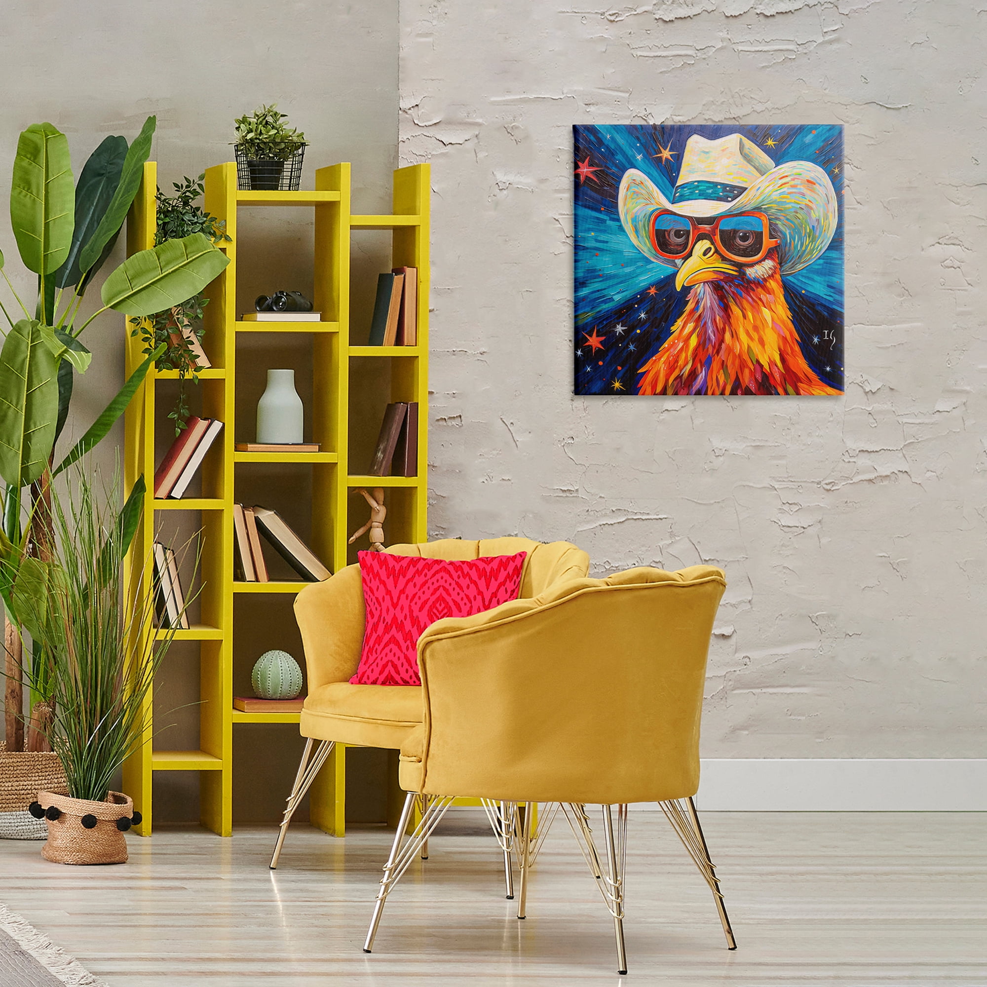 Stupell Industries Cowboy Chicken with Stars Animals & Insects Painting Gallery Wrapped Canvas Art Print Wall Art, 24 x 24